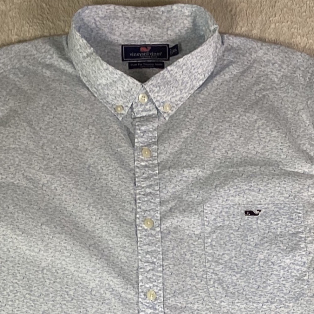 Vineyard Vines Men XXL Slim Fit Tucker Shirt Blue Wave Print Short Sleeve Cotton